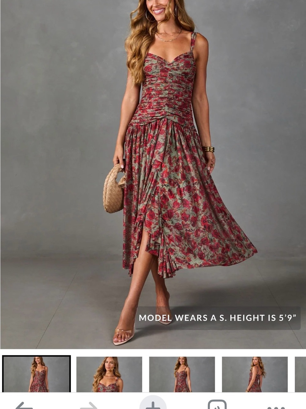 NWT- Vici Red Floral Ruched Midi Dress
